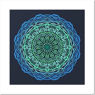 Blue Water Mandala Circular Pattern Element Posters and Art